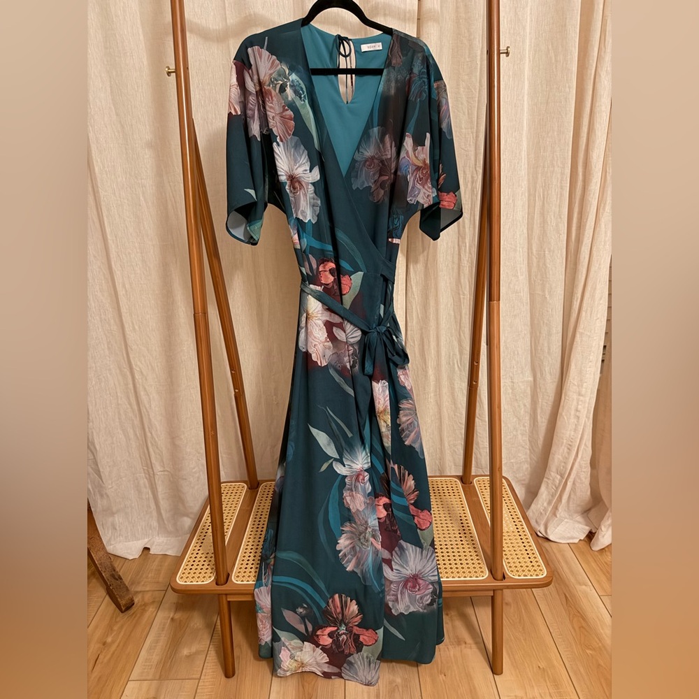 ROAM Teal Wrap Dress with Floral Accents